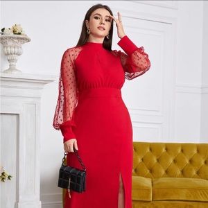 SHEIN Modely Plus Dobby Mesh Sleeve Split Hem Peekaboo Dress